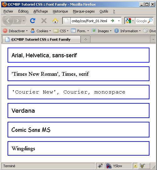 cmbp tutoriel css font family arial helvetica times, roman,courier